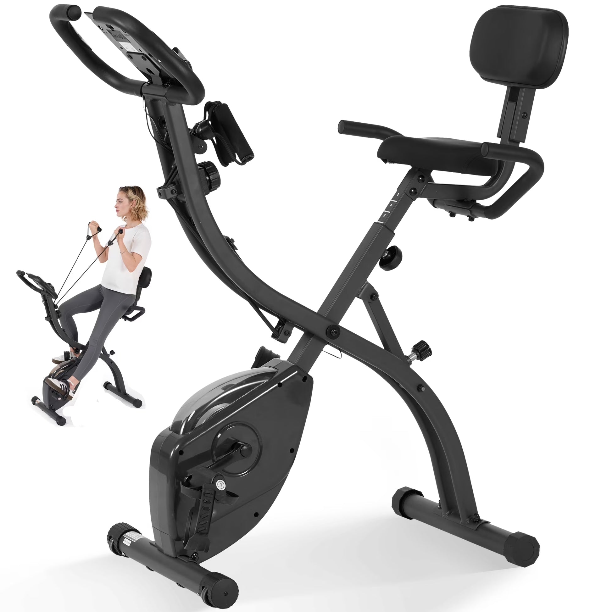 3 in 1 Exercise Bike Quiet Folding Magnetic Stationary Exercise Bikes with Arm Resistance Bands Home Workout Use
